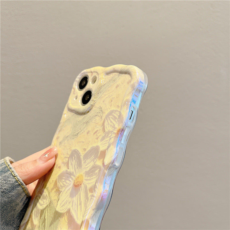 Oil Painting Flowers Shell for iPhone 13 Blu-ray IMD TPU Case Wavy Edge Phone Cover with Pearl Chain Oil Painting Flowers Shell for iPhone 13 Blu-ray IMD TPU Case Wavy Edge Phone Cover with Pearl Chain